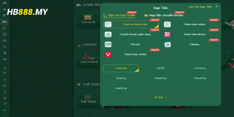 Các phương thức nạp tiền Hb88